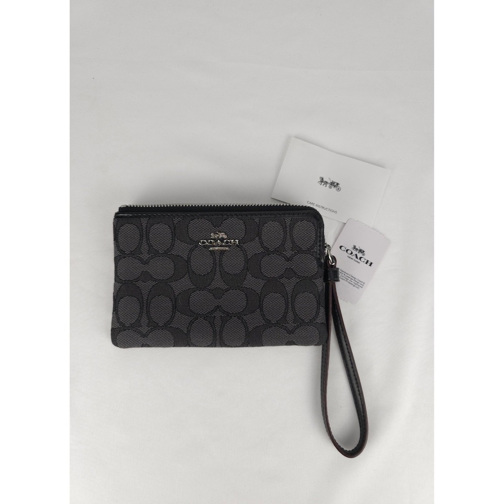 Coach Corner Zip‎ Wristlet Signature Canvas Black/Smoke